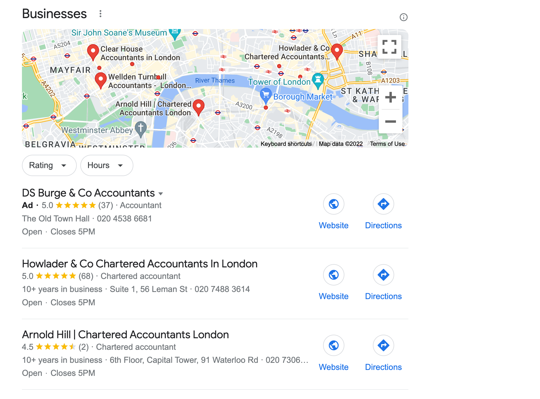 Screenshot of google local accountants search