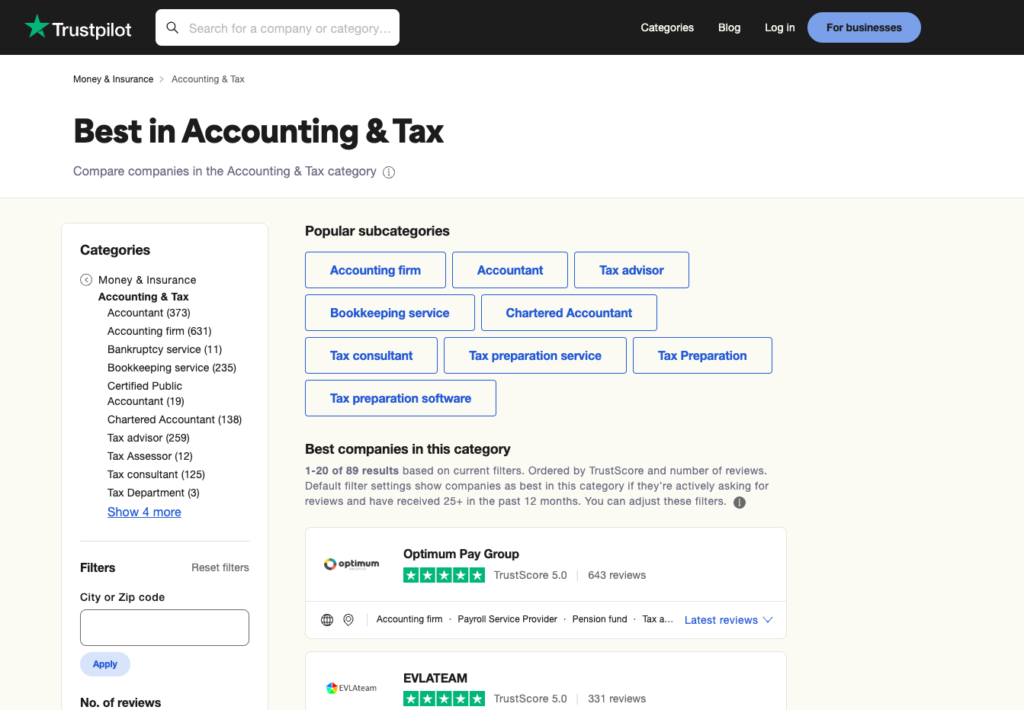 Trustpilot accountancy search screenashot