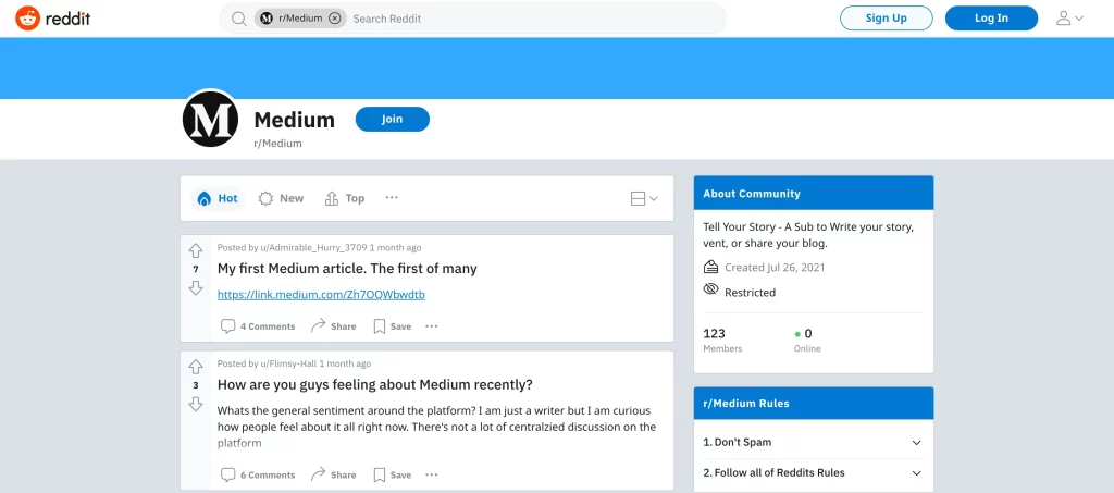 screenshot showing reddit Medium threads